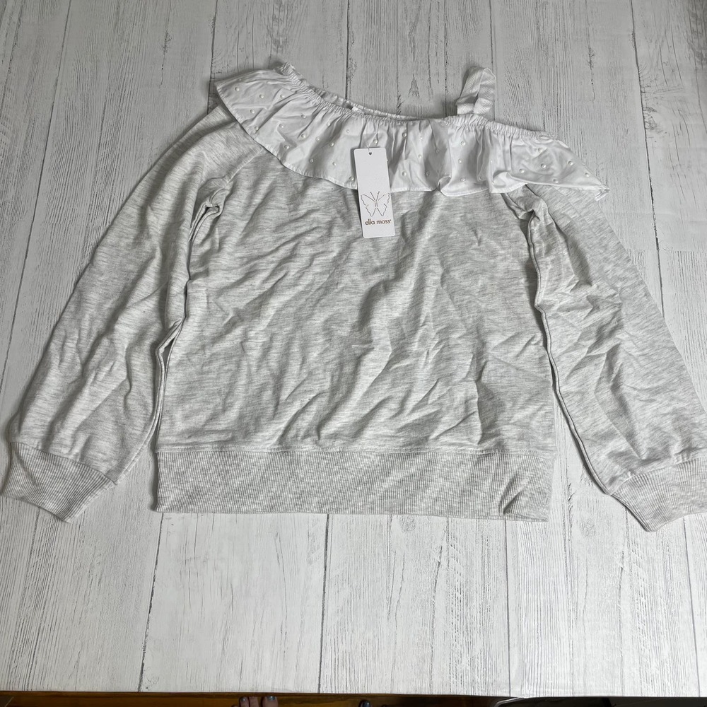 Ella Moss Light Grey White Beads Ruffle Cold Shoulder Top NWT Girl SIze 14